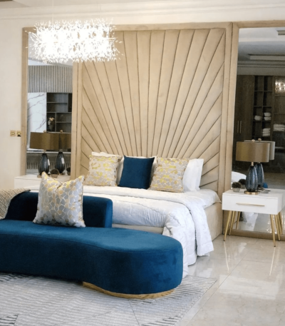 Achievers IV Series Premium Cladding Bedframe with mirrors , Bedsides and 3 seater Curved sofa Bed Frames Largelife Furnitures