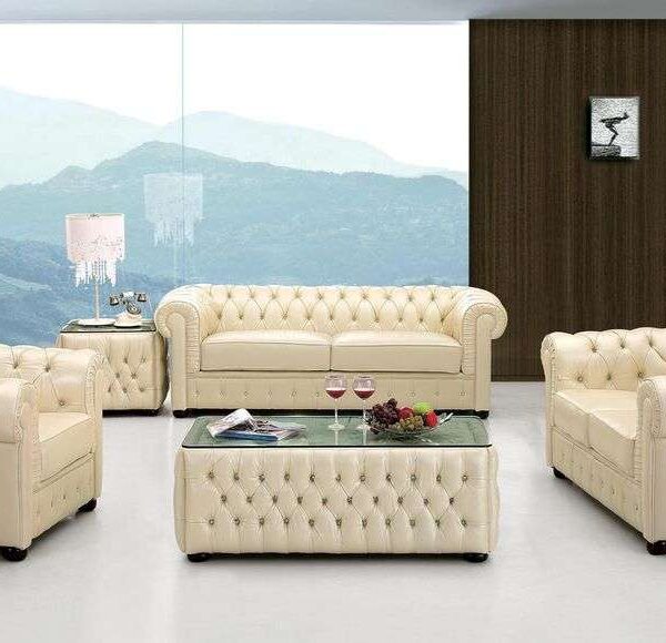 Alexis IV Series Premium Genuine Italian Leather 7 Seater Chesterfield Sofa Set (3+2+1+1) with Centre Ottoman + 2 Side Stools
