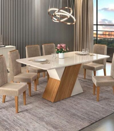 Elevate your dining experience with the Adaugo V Series 6 Seater Dining Set in this modern dining room. Featuring a luxurious premium quartz marble tabletop and comfortable upholstered fabric chairs, this sophisticated set is accented by stylish tableware, an elegant vase, and a chic gray rug. A stunning chandelier adds a touch of glamour, while large windows fill the space with natural light—perfect for contemporary home interiors seeking both functionality and style.