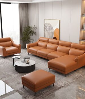 Abigail Series IV Premium Leather 5 Seater Sectional + Single Seater + Ottoman Sofa Set Living Room Largelife Furnitures