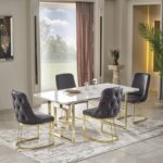 Upgrade your dining space with the elegant Freedom IX Series 4 Seater Dining Set. This modern dining room features a luxurious marble top table crafted from 100% stainless steel, paired with four stylish dark tufted chairs for maximum comfort and sophistication. The set is beautifully complemented by a contemporary area rug, lush tall indoor plant, and expansive large windows that fill the room with natural light—perfect for both everyday meals and entertaining guests. Shop this premium stainless steel marble dining set to create a chic, inviting atmosphere in your home.