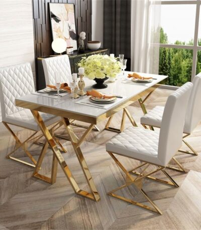 Experience contemporary elegance in your dining space with the Ansel IX Premium Elite Stainless Steel 4 Seater Dining Set. This modern dining room setup is beautifully styled with elegant plates, glassware, and a charming floral centerpiece, all arranged to overlook a serene garden view. Elevate your home décor with this stylish stainless steel dining set—perfect for creating unforgettable moments in a sophisticated atmosphere.