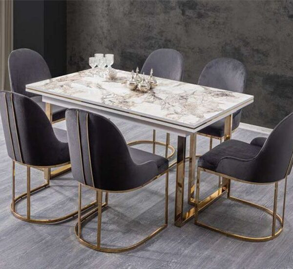 "Alex IV" Series Premium 6 Seater Dining Set (Stainless Steel Legs and Premium Marble Top)