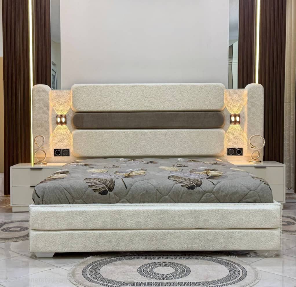 “”””””””Rolake IX  series “”””””””” Premium Fabric  6ft by 6ft Kingsize Bedframe + Lights and 2 bedsides Bed Frames Largelife Furnitures