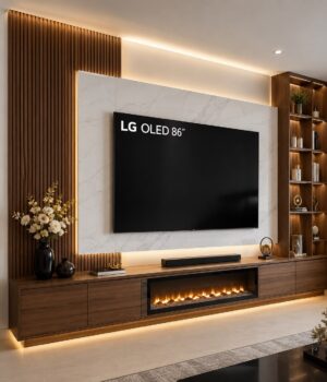 “””Aaron””” IV Series Premium TV entertainment unit with fireplace unit & Lights  (10ft by 8ft Height) Living Room Largelife Furnitures