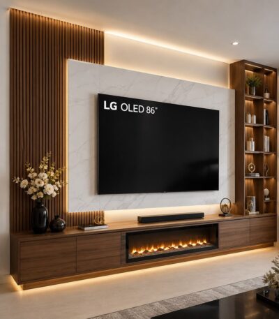 “””Aaron””” IV Series Premium TV entertainment unit with fireplace unit & Lights  (10ft by 8ft Height) Living Room Largelife Furnitures