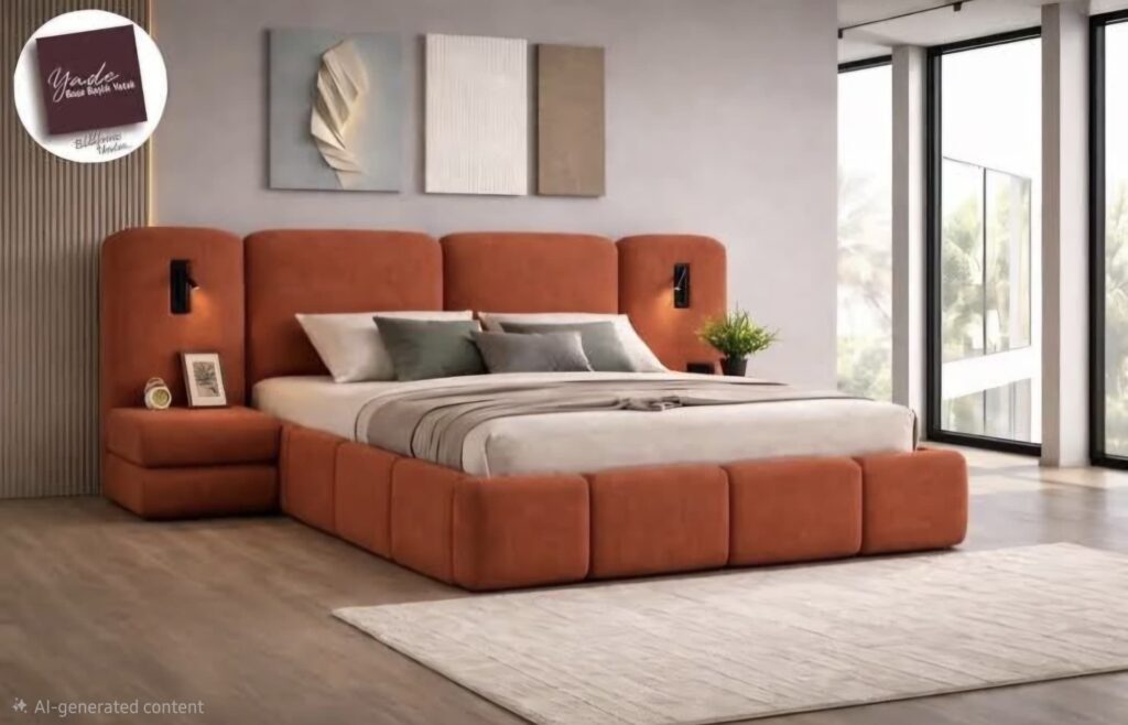 “”””””””Ajani IX Series”””””””” Premium Fabric 6ft by 6ft Kingsize Bedframe+ 2 bedsides (with lights ) Bed Frames Largelife Furnitures